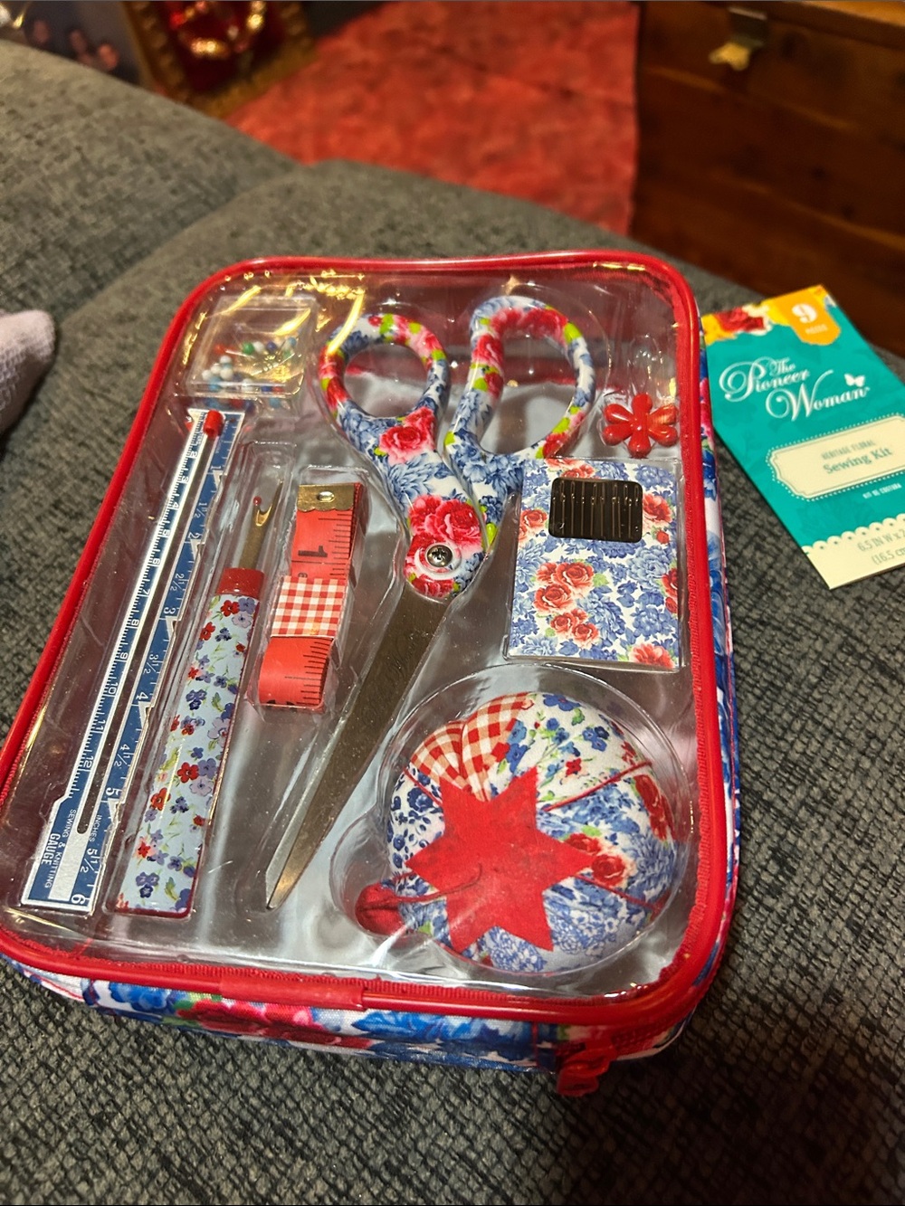 The Pioneer Woman Red and Blue Floral Sewing Kit